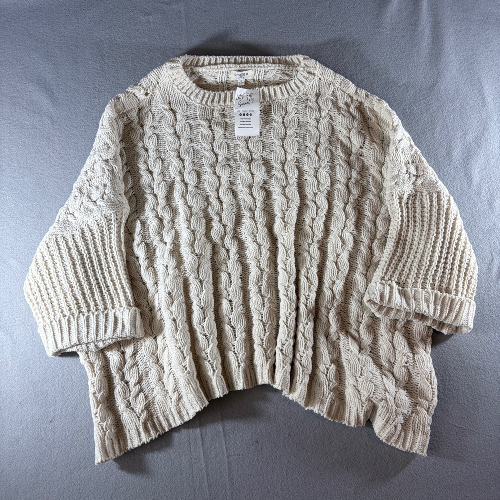 Umgee USA Women Small Cream Cable Knit Chenille Sweater Oversized Cropped Sleeve